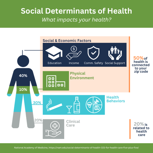 Image that demonstrates that 50% of your health is connected to where you live vs health behaviors and clinical care
