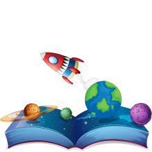 Open book with planets and a rocket flying from the pages
