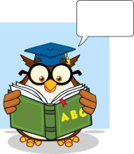 owl reading a abc book and speech bubble