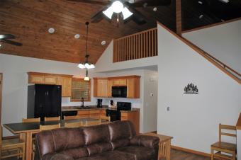 Bald eagle Loft Cabin's living area and kitchen.