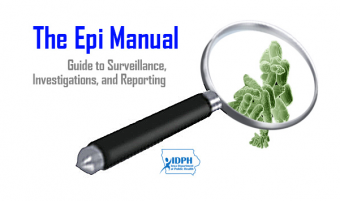 Title of Epi Manual and image of magnifying glass looking at a virus