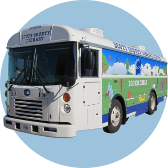 Image of Bookmobile with blue circle in the background