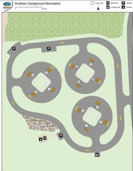 Map of the 2026 Incahias Campground Renovation showing 3 circular loops, one-way roads, campsites, bathrooms, parking and a host