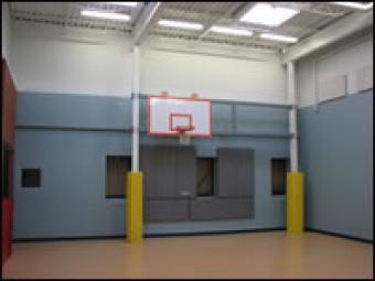 A basketball hoop in the JDC gym.