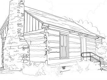 Outline drawing of a pioneer cabin.