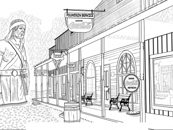 Outline drawing of part of main street at Pioneer Village.