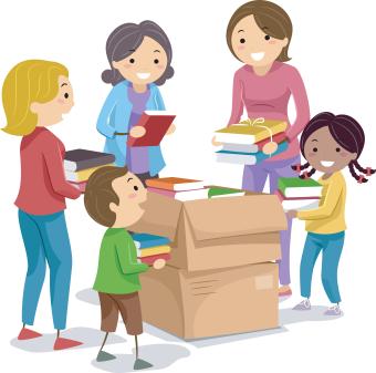 illustration of adults and kids with books around a cardboard box