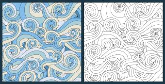 coloring pages, one side in blues and greens, another side in black and white