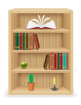 a small brown bookshelf with books, plants, candle and apple