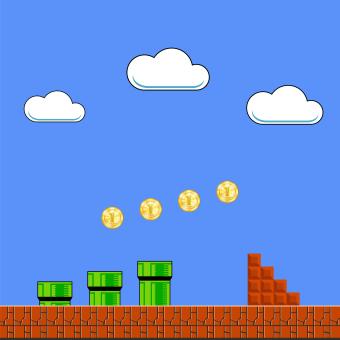 background image of Super Mario with clouds, coins and tunnels