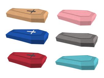 6 coffins, tan, blue red, pink, gray, light blue