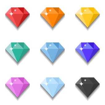 9 diamonds, colors red, orange, yellow, green, blue, purple, pink and black