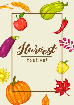 harvest festival sign with pumpkins, and other harvested crops