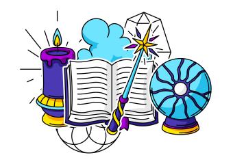 magical items: book, candle, fan, wand