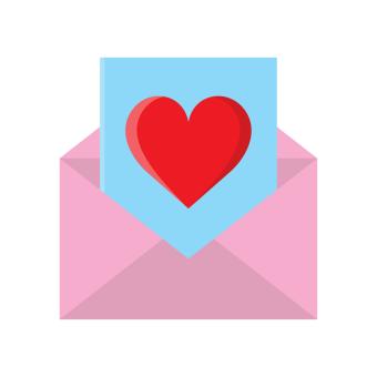 a pink envelope, with blue paper and a red heart on the paper