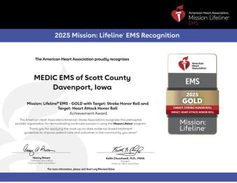MEDIC EMS of Scott County has been nationally recognized for its outstanding GOLD standard pre-hospital care. 