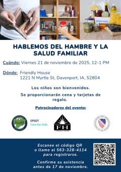 Flyer detailing Let's Talk About Hunger and Family Health Event Information