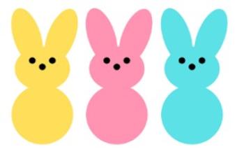 3 peep bunnies, yellow pink and blue