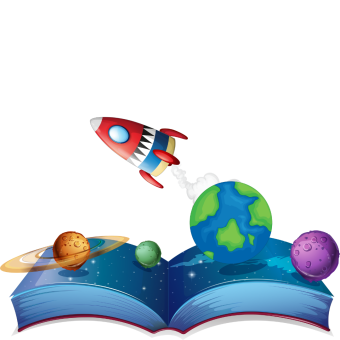 Open book with planets and a rocket flying from the pages