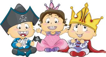 3 babies in halloween costumes, pirate, princess, king