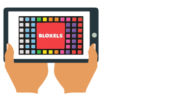 illustrated hands holding a tablet with bloxels on the screen