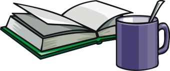 illustration of an open book and a coffee mug with a spoon