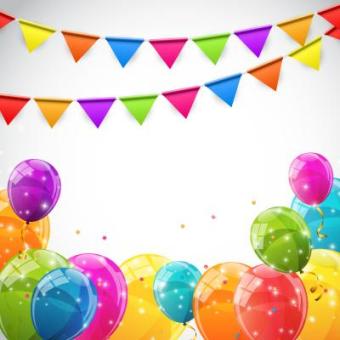 Colorful glossy balloons and a banner