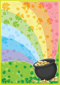 Black pot full of gold coins with a rainbow coming out of the pot. Shamrocks in rainbow colors in the background.