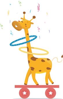 a giraffe on a board with two hula hoops