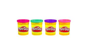 4 play doh containers with pink, green, purple and pink lids
