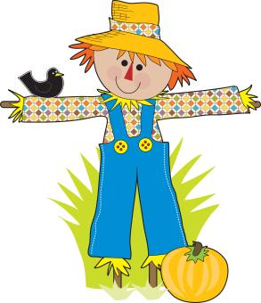 scarecrow with bird, hat and pumpkin