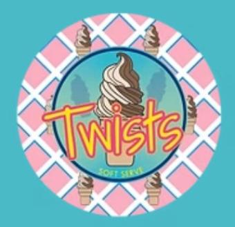 logo for Twists ice cream with blue background