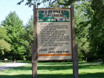 Wilderness Campground welcome sign.