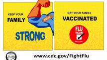 Keep your family strong, get your family vaccinated poster with superhero arm with bandaid from vaccine